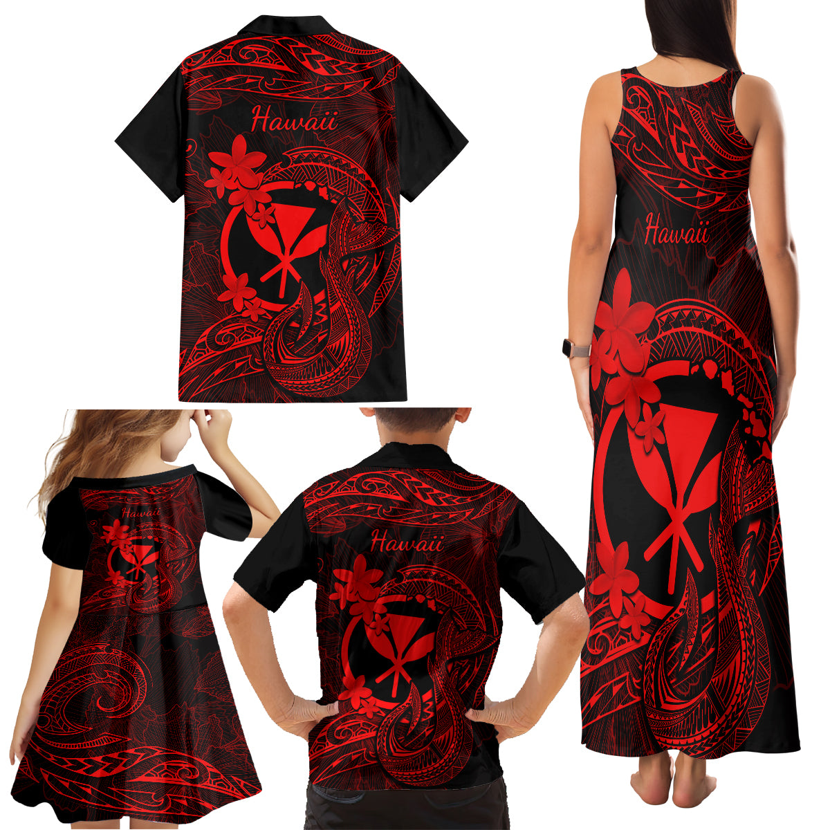 Hawaii Family Matching Tank Maxi Dress and Hawaiian Shirt Fish Hook Tattoo Mix Polynesian Plumeria Red Version LT14 - Polynesian Pride