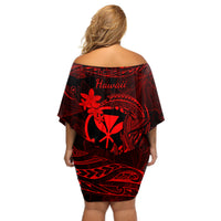 Hawaii Off Shoulder Short Dress Fish Hook Tattoo Mix Polynesian Plumeria Red Version LT14 - Polynesian Pride