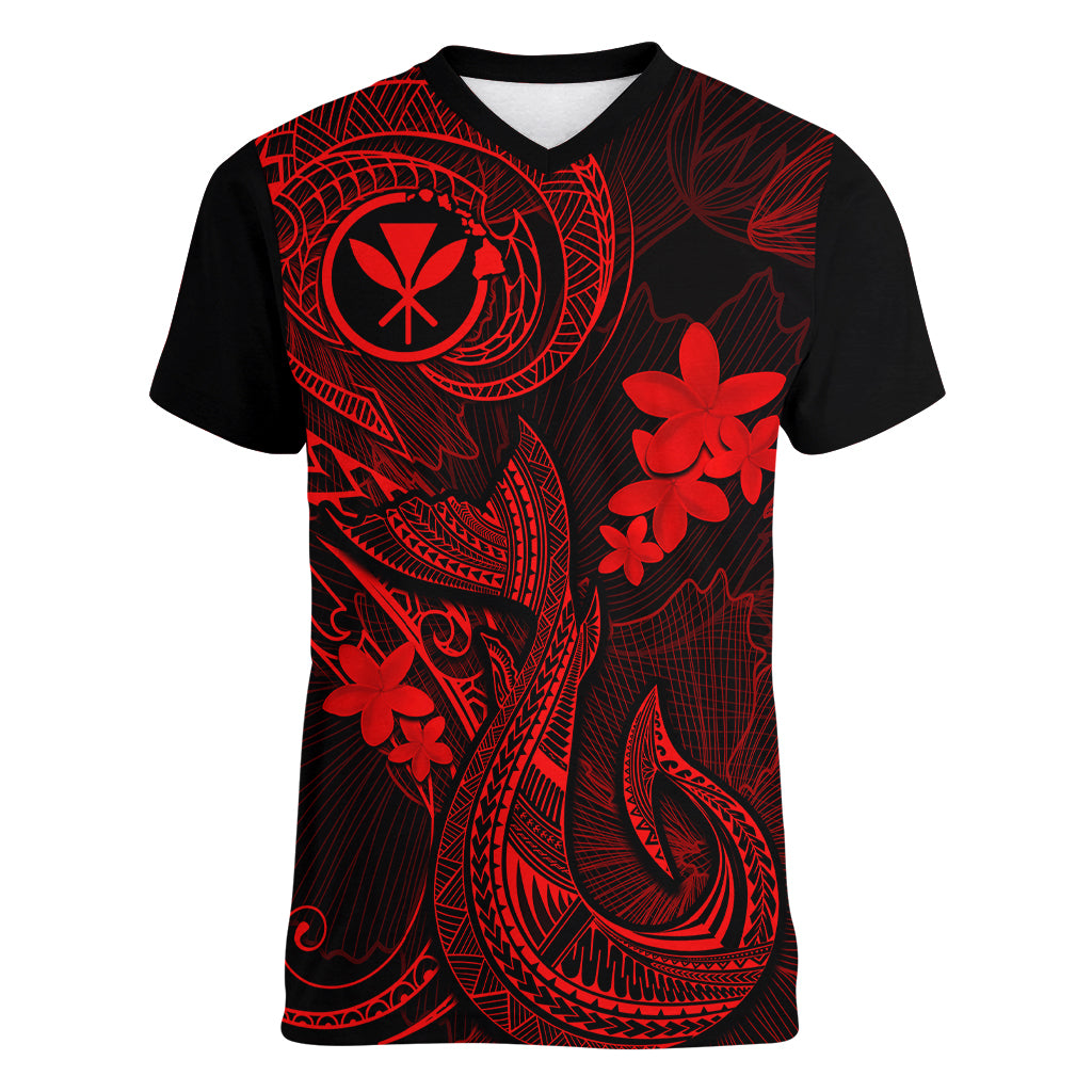 Hawaii Women V Neck T Shirt Fish Hook Tattoo Mix Polynesian Plumeria Red Version LT14 Female Red - Polynesian Pride