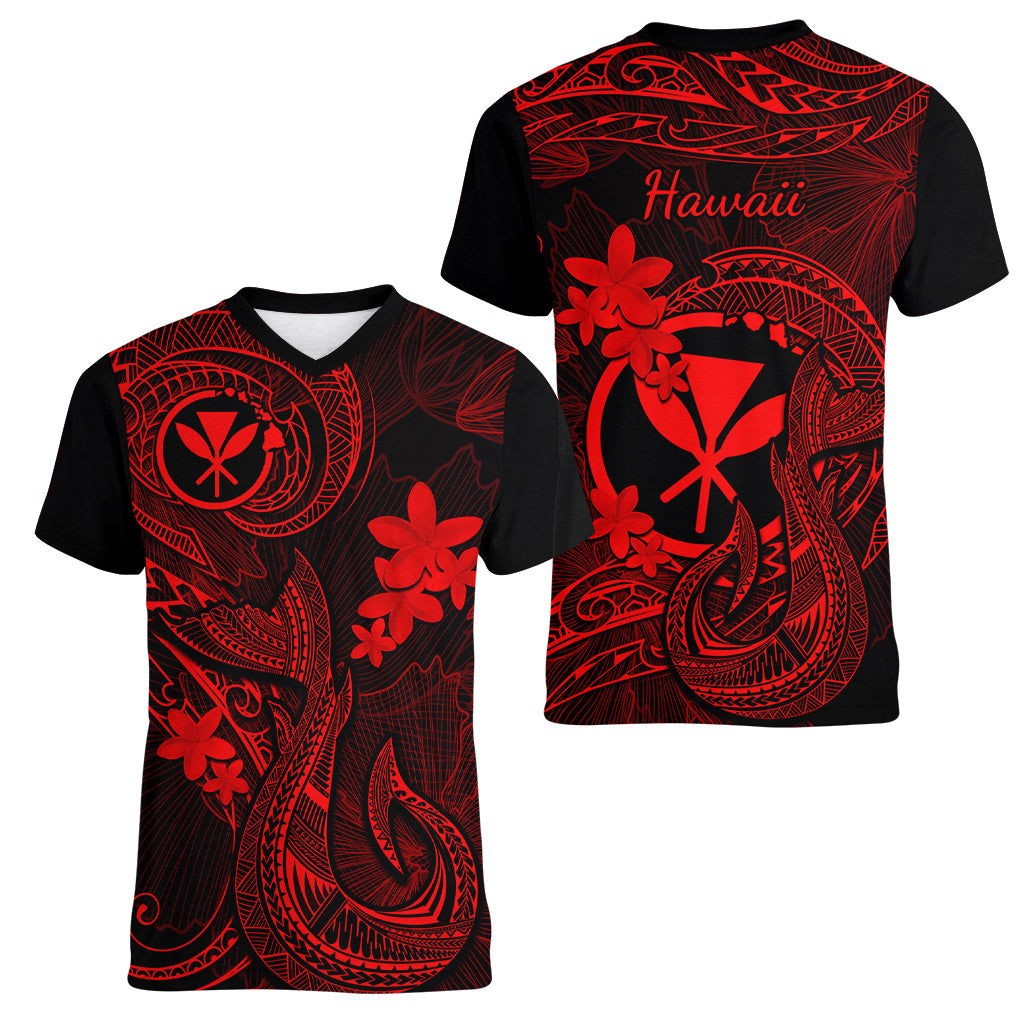 Hawaii Women V Neck T Shirt Fish Hook Tattoo Mix Polynesian Plumeria Red Version LT14 - Polynesian Pride