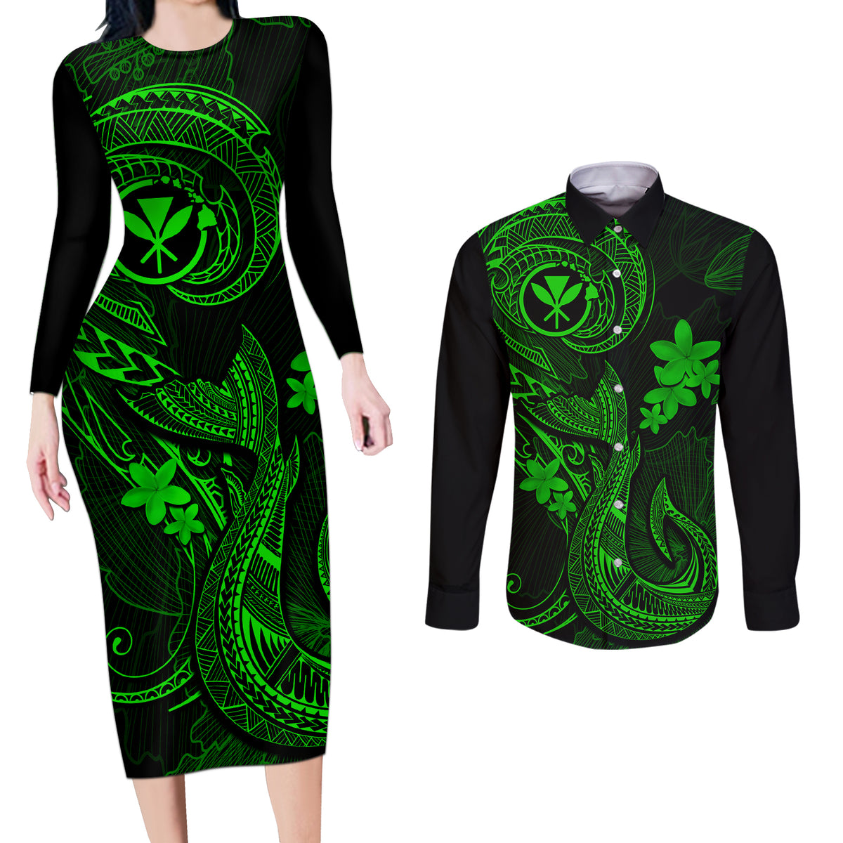 Hawaii Couples Matching Long Sleeve Bodycon Dress and Long Sleeve Button Shirts Fish Hook Tattoo Mix Polynesian Plumeria Green Version LT14 Green - Polynesian Pride