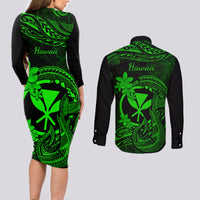 Hawaii Couples Matching Long Sleeve Bodycon Dress and Long Sleeve Button Shirts Fish Hook Tattoo Mix Polynesian Plumeria Green Version LT14 - Polynesian Pride
