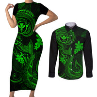 Hawaii Couples Matching Short Sleeve Bodycon Dress and Long Sleeve Button Shirts Fish Hook Tattoo Mix Polynesian Plumeria Green Version LT14 Green - Polynesian Pride