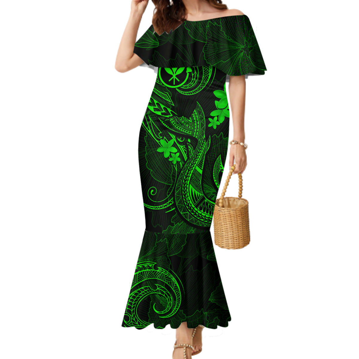 Hawaii Family Matching Mermaid Dress and Hawaiian Shirt Fish Hook Tattoo Mix Polynesian Plumeria Green Version LT14 Mom's Dress Green - Polynesian Pride