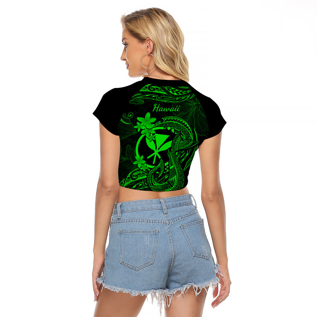 Hawaii Raglan Cropped T Shirt Fish Hook Tattoo Mix Polynesian Plumeria Green Version LT14 - Polynesian Pride