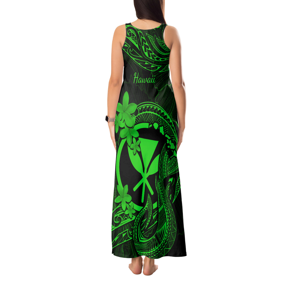 Hawaii Tank Maxi Dress Fish Hook Tattoo Mix Polynesian Plumeria Green Version LT14 - Polynesian Pride