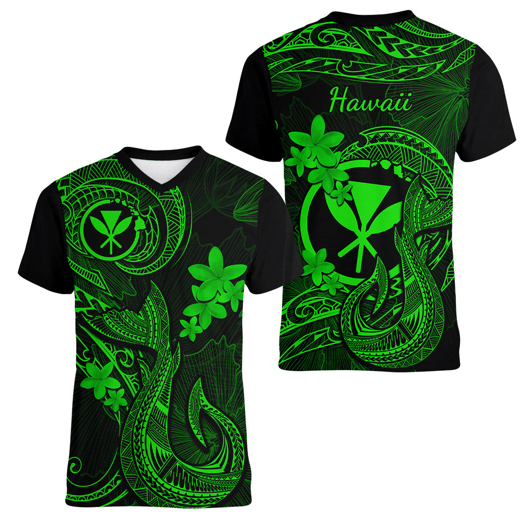 Hawaii Women V Neck T Shirt Fish Hook Tattoo Mix Polynesian Plumeria Green Version LT14 - Polynesian Pride