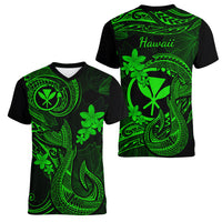 Hawaii Women V Neck T Shirt Fish Hook Tattoo Mix Polynesian Plumeria Green Version LT14 - Polynesian Pride