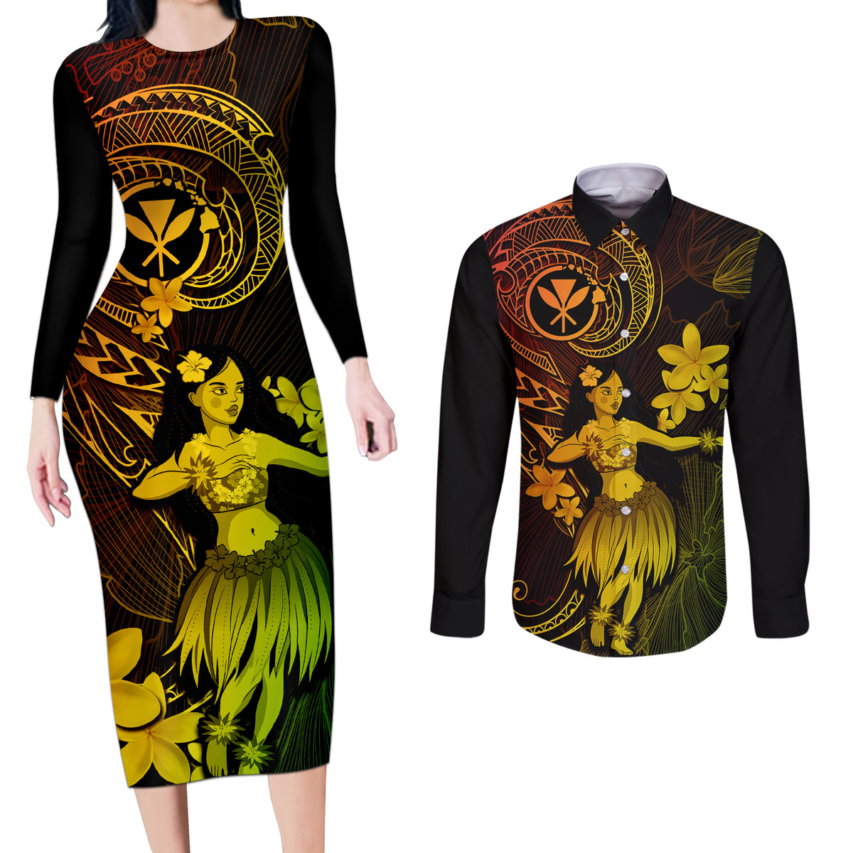Hawaii Couples Matching Long Sleeve Bodycon Dress and Long Sleeve Button Shirts Hula Girl Mix Polynesian Plumeria Reggae Version LT14 Reggae - Polynesian Pride