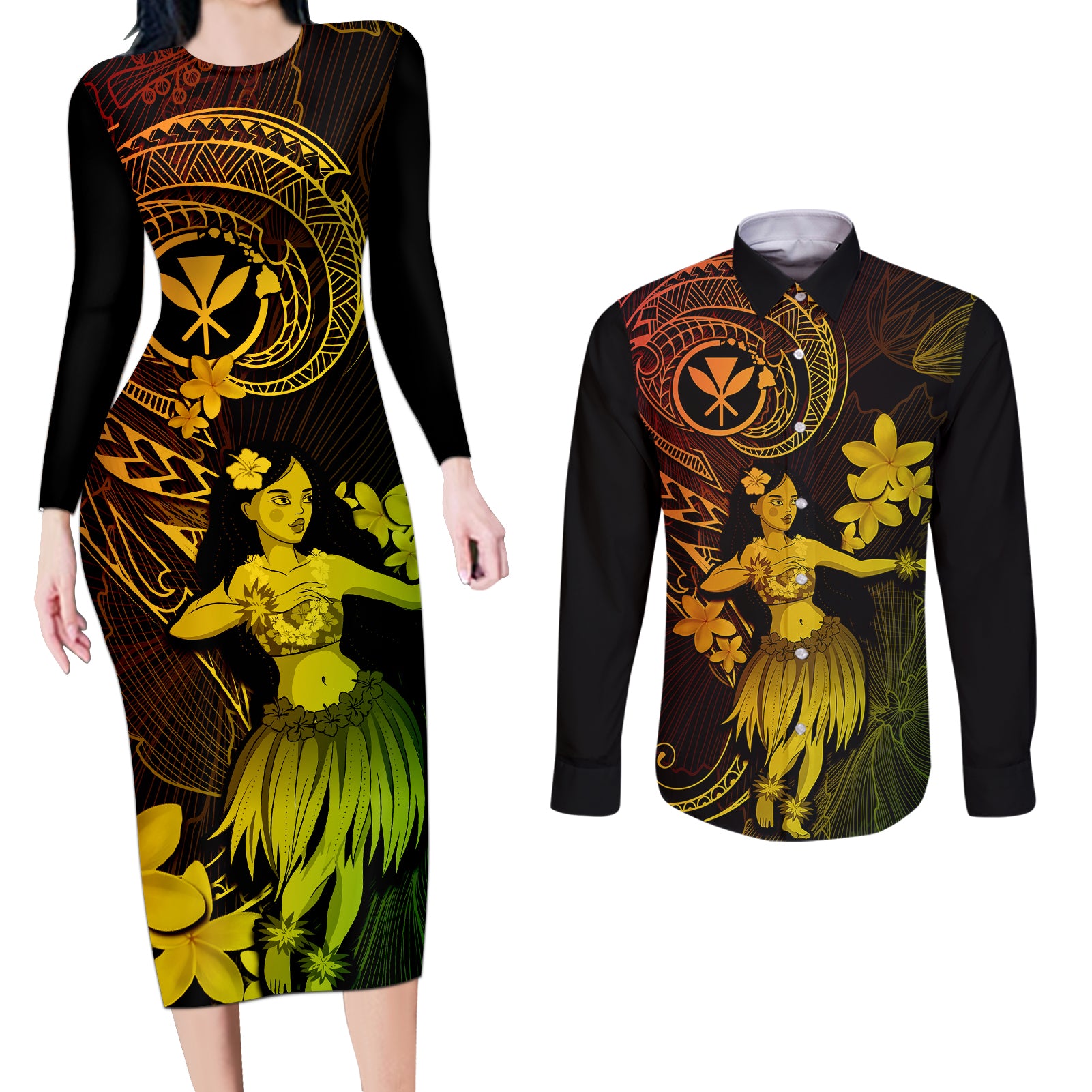 Hawaii Couples Matching Long Sleeve Bodycon Dress and Long Sleeve Button Shirts Hula Girl Mix Polynesian Plumeria Reggae Version LT14 Reggae - Polynesian Pride