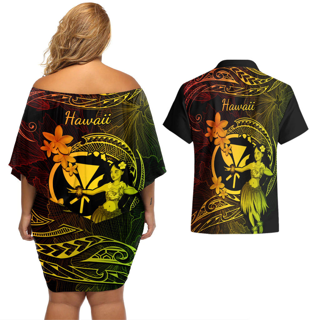 Hawaii Couples Matching Off Shoulder Short Dress and Hawaiian Shirt Hula Girl Mix Polynesian Plumeria Reggae Version LT14 - Polynesian Pride