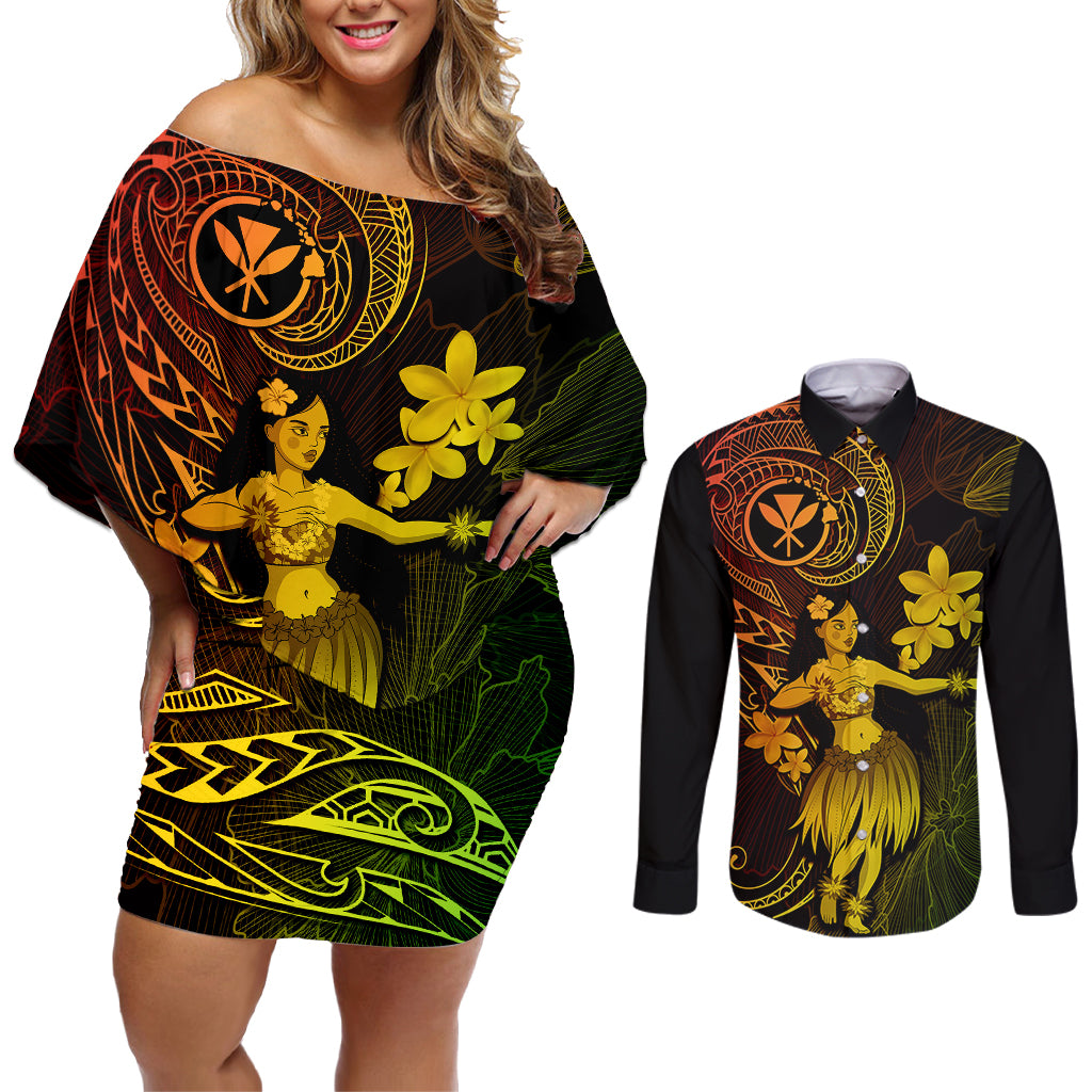 Hawaii Couples Matching Off Shoulder Short Dress and Long Sleeve Button Shirts Hula Girl Mix Polynesian Plumeria Reggae Version LT14 Reggae - Polynesian Pride