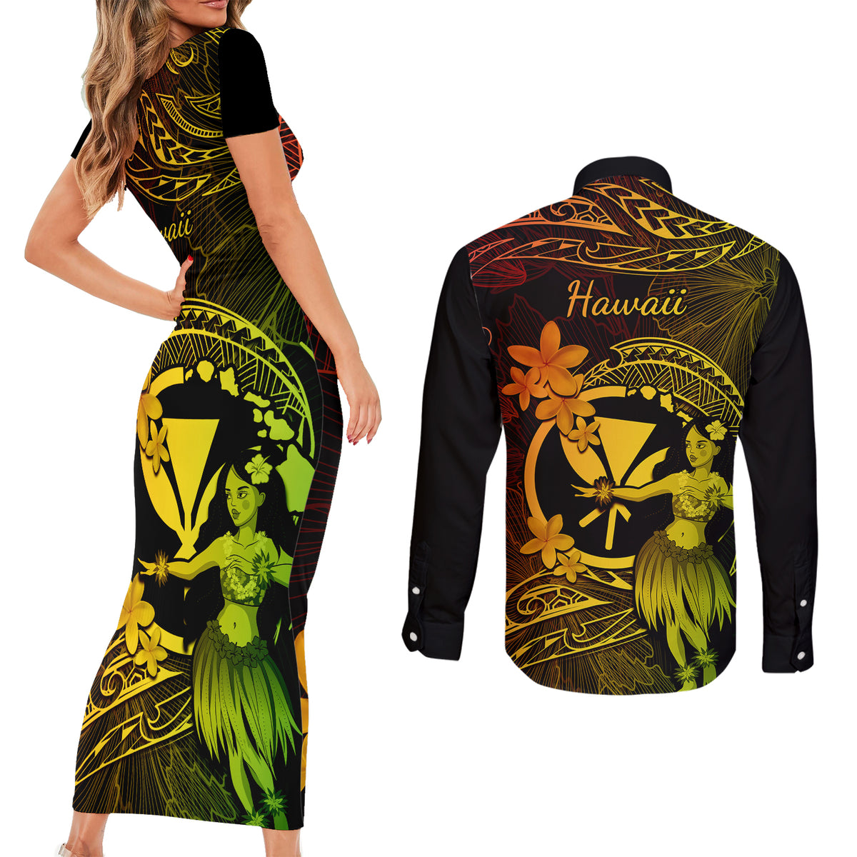 Hawaii Couples Matching Short Sleeve Bodycon Dress and Long Sleeve Button Shirts Hula Girl Mix Polynesian Plumeria Reggae Version LT14 - Polynesian Pride