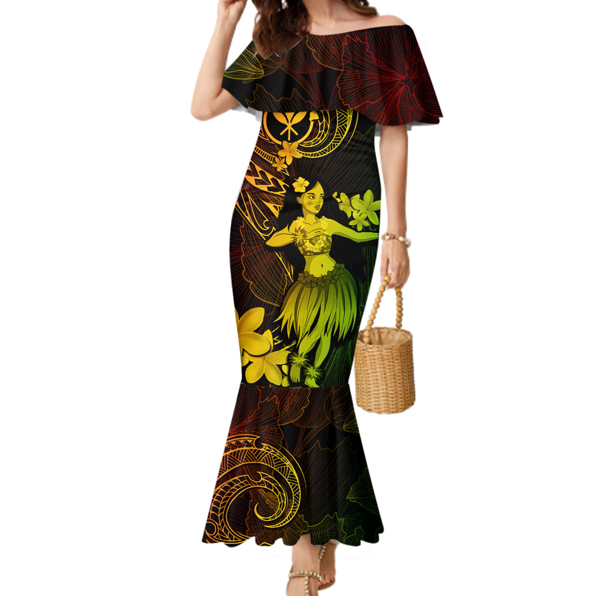 Hawaii Family Matching Mermaid Dress and Hawaiian Shirt Hula Girl Mix Polynesian Plumeria Reggae Version LT14 Mom's Dress Reggae - Polynesian Pride