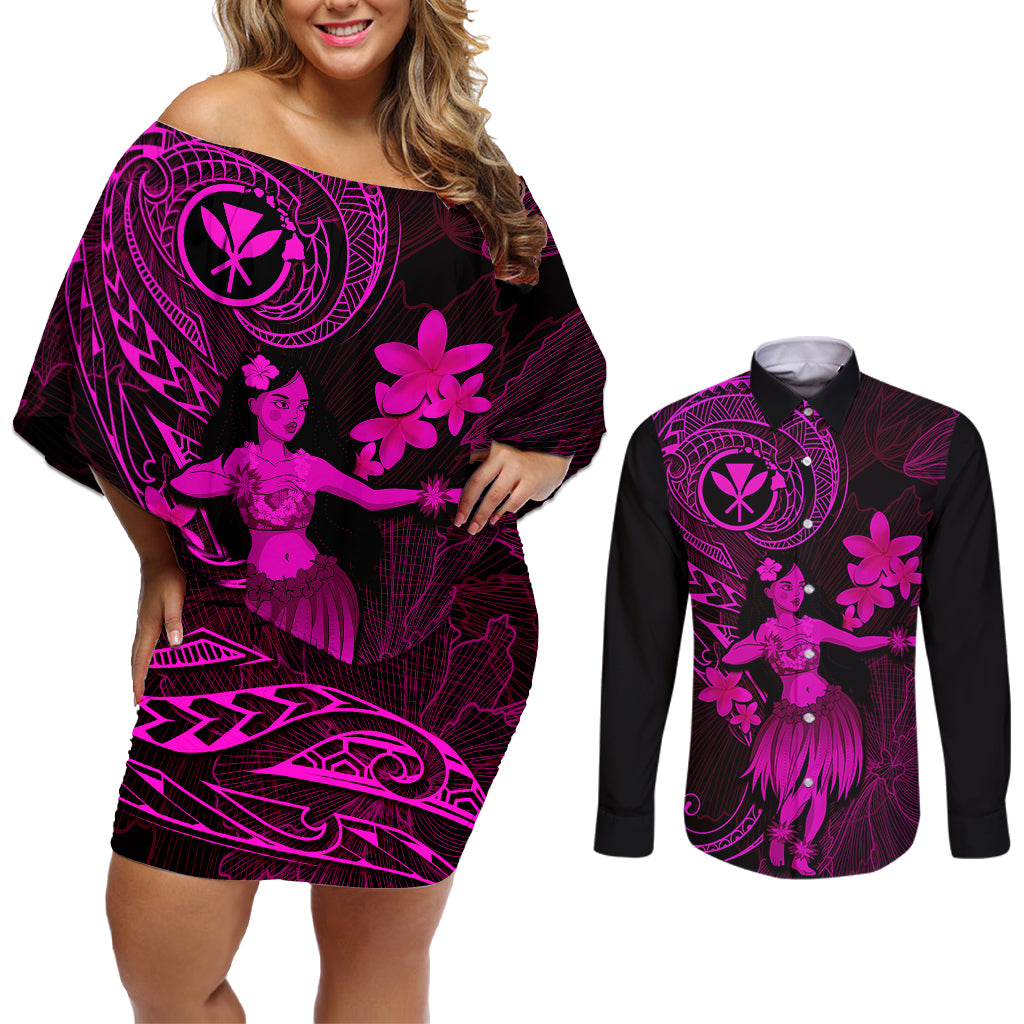 Hawaii Couples Matching Off Shoulder Short Dress and Long Sleeve Button Shirts Hula Girl Mix Polynesian Plumeria Pink Version LT14 Pink - Polynesian Pride