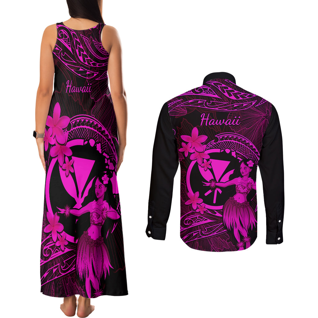 Hawaii Couples Matching Tank Maxi Dress and Long Sleeve Button Shirts Hula Girl Mix Polynesian Plumeria Pink Version LT14 - Polynesian Pride