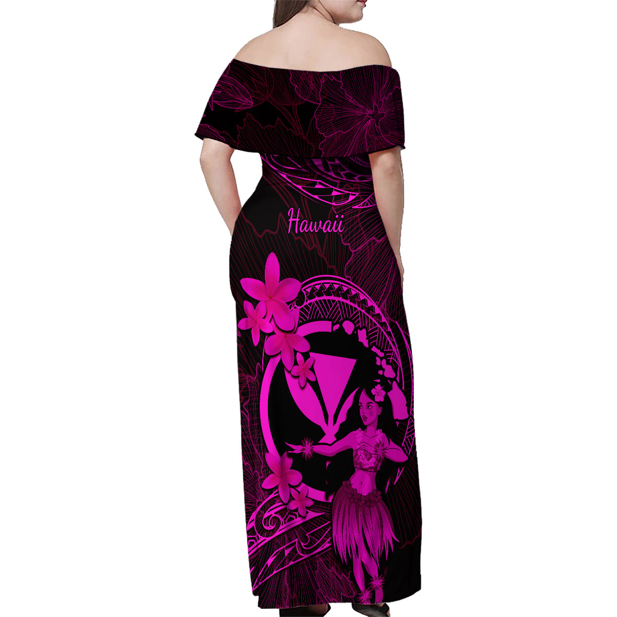 Hawaii Family Matching Off Shoulder Maxi Dress and Hawaiian Shirt Hula Girl Mix Polynesian Plumeria Pink Version LT14 - Polynesian Pride
