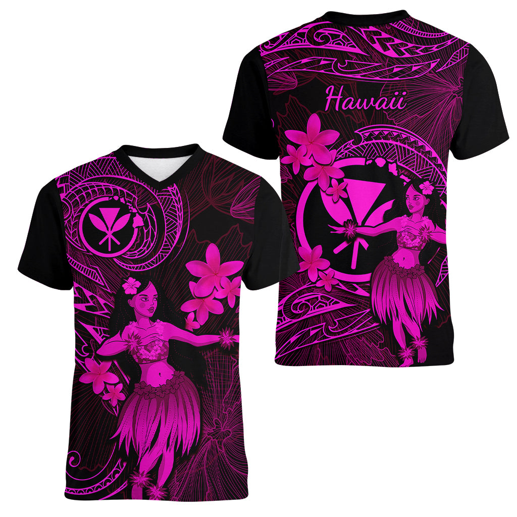 Hawaii Women V Neck T Shirt Hula Girl Mix Polynesian Plumeria Pink Version LT14 - Polynesian Pride