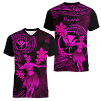 Hawaii Women V Neck T Shirt Hula Girl Mix Polynesian Plumeria Pink Version LT14 - Polynesian Pride