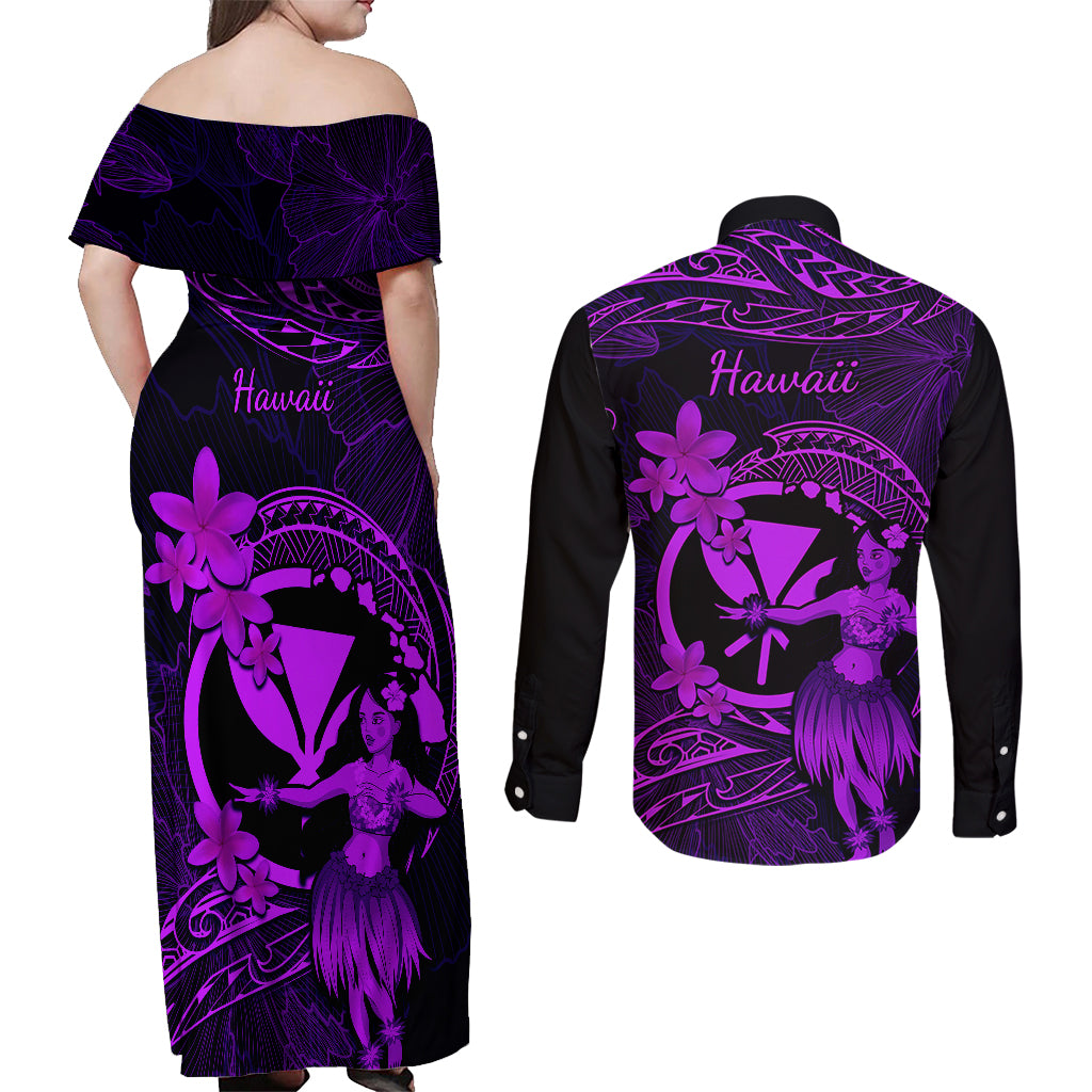 Hawaii Couples Matching Off Shoulder Maxi Dress and Long Sleeve Button Shirts Hula Girl Mix Polynesian Plumeria Purple Version LT14 - Polynesian Pride