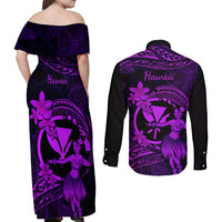 Hawaii Couples Matching Off Shoulder Maxi Dress and Long Sleeve Button Shirts Hula Girl Mix Polynesian Plumeria Purple Version LT14 - Polynesian Pride