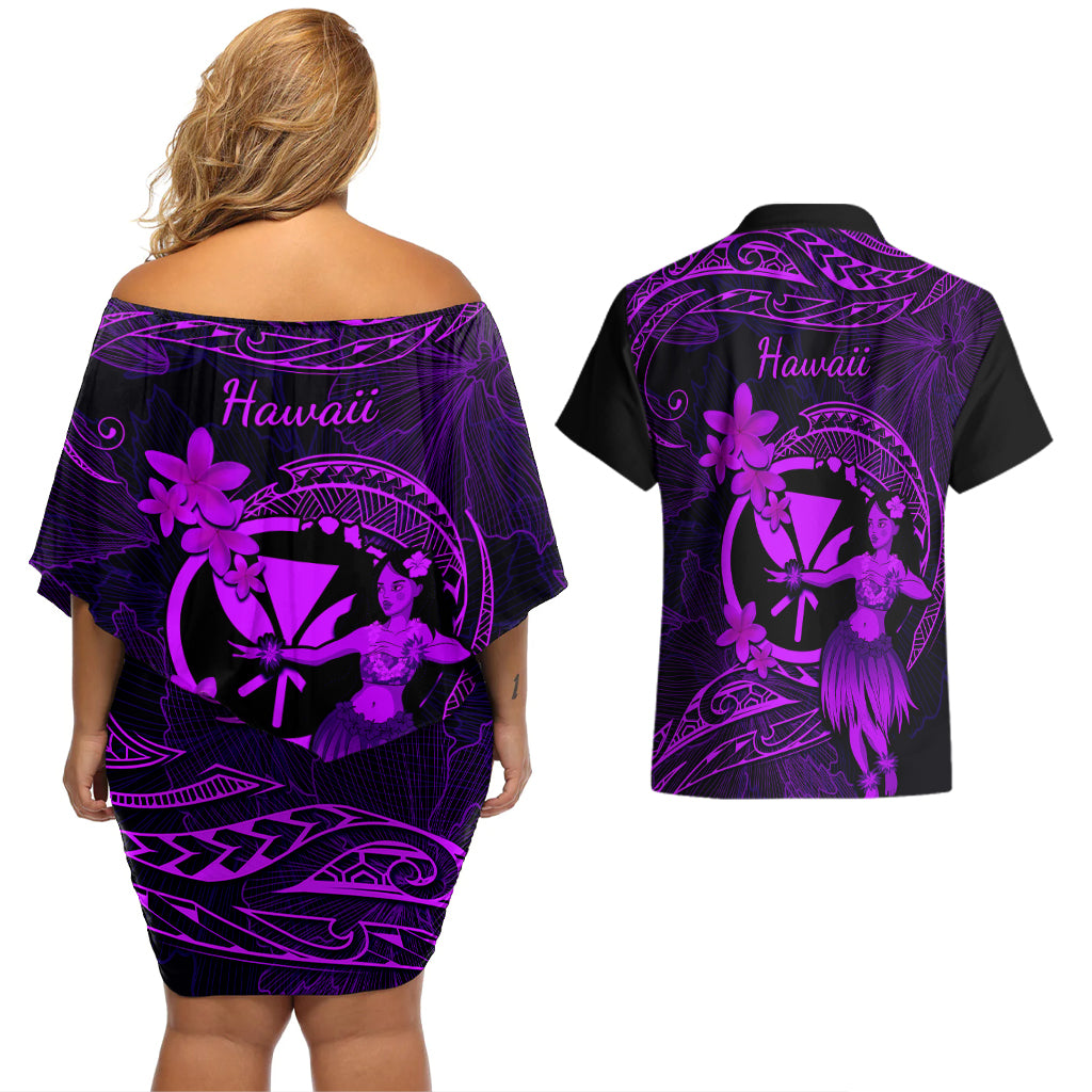 Hawaii Couples Matching Off Shoulder Short Dress and Hawaiian Shirt Hula Girl Mix Polynesian Plumeria Purple Version LT14 - Polynesian Pride