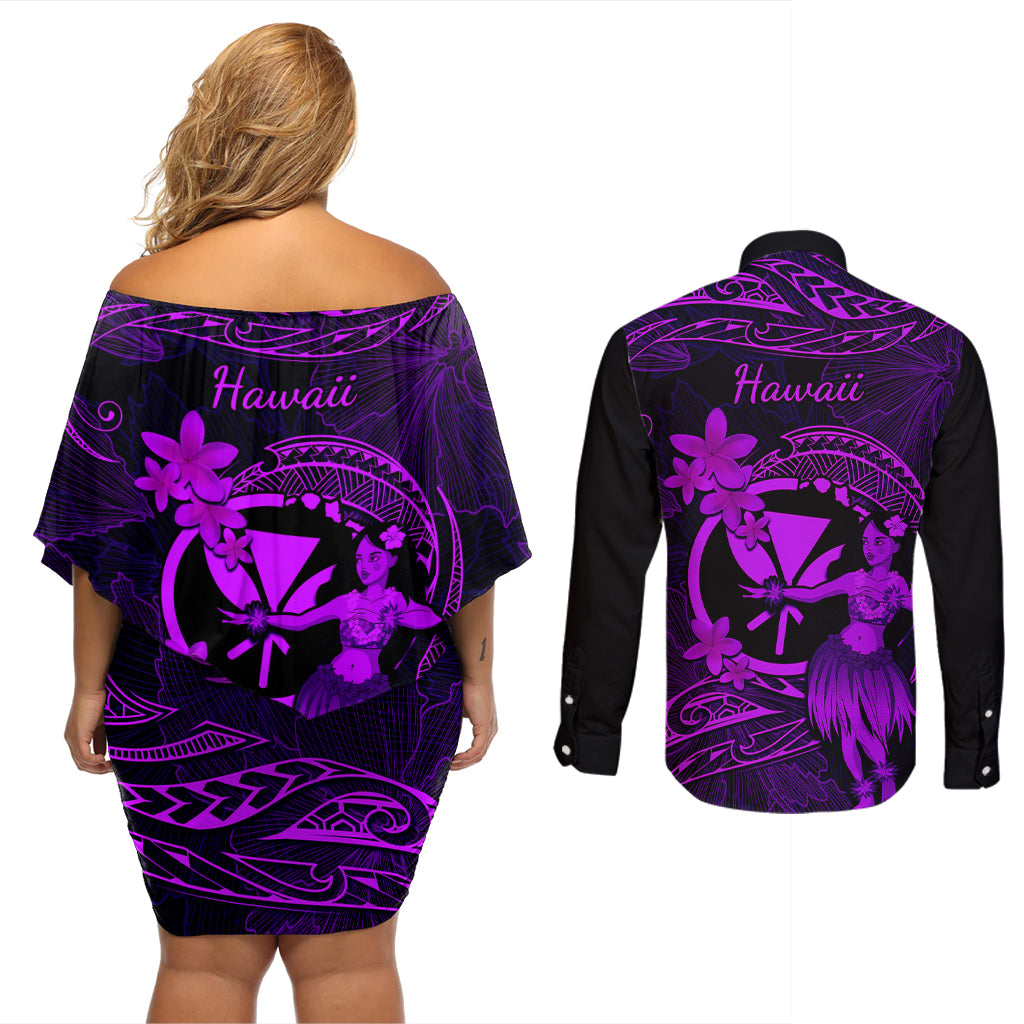 Hawaii Couples Matching Off Shoulder Short Dress and Long Sleeve Button Shirts Hula Girl Mix Polynesian Plumeria Purple Version LT14 - Polynesian Pride