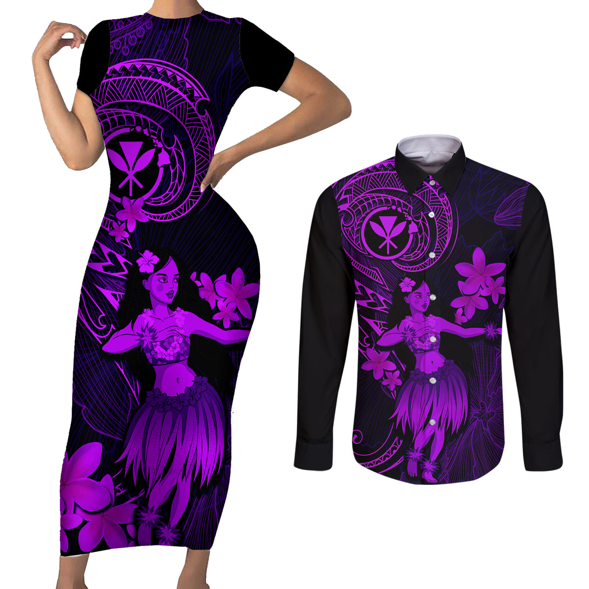 Hawaii Couples Matching Short Sleeve Bodycon Dress and Long Sleeve Button Shirts Hula Girl Mix Polynesian Plumeria Purple Version LT14 Purple - Polynesian Pride