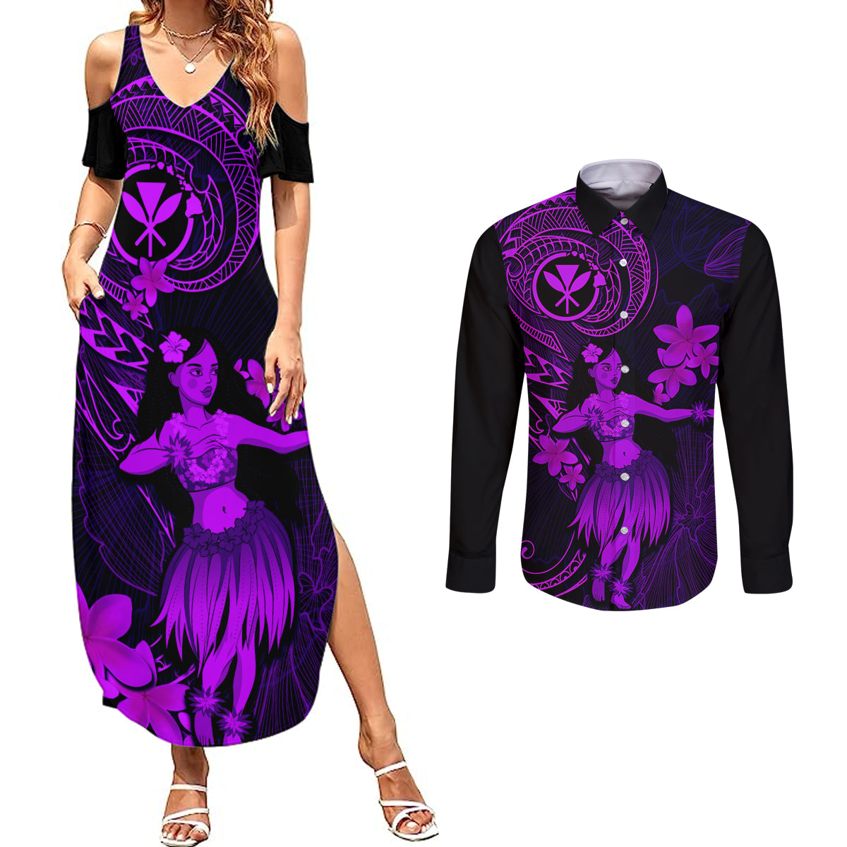 Hawaii Couples Matching Summer Maxi Dress and Long Sleeve Button Shirts Hula Girl Mix Polynesian Plumeria Purple Version LT14 Purple - Polynesian Pride