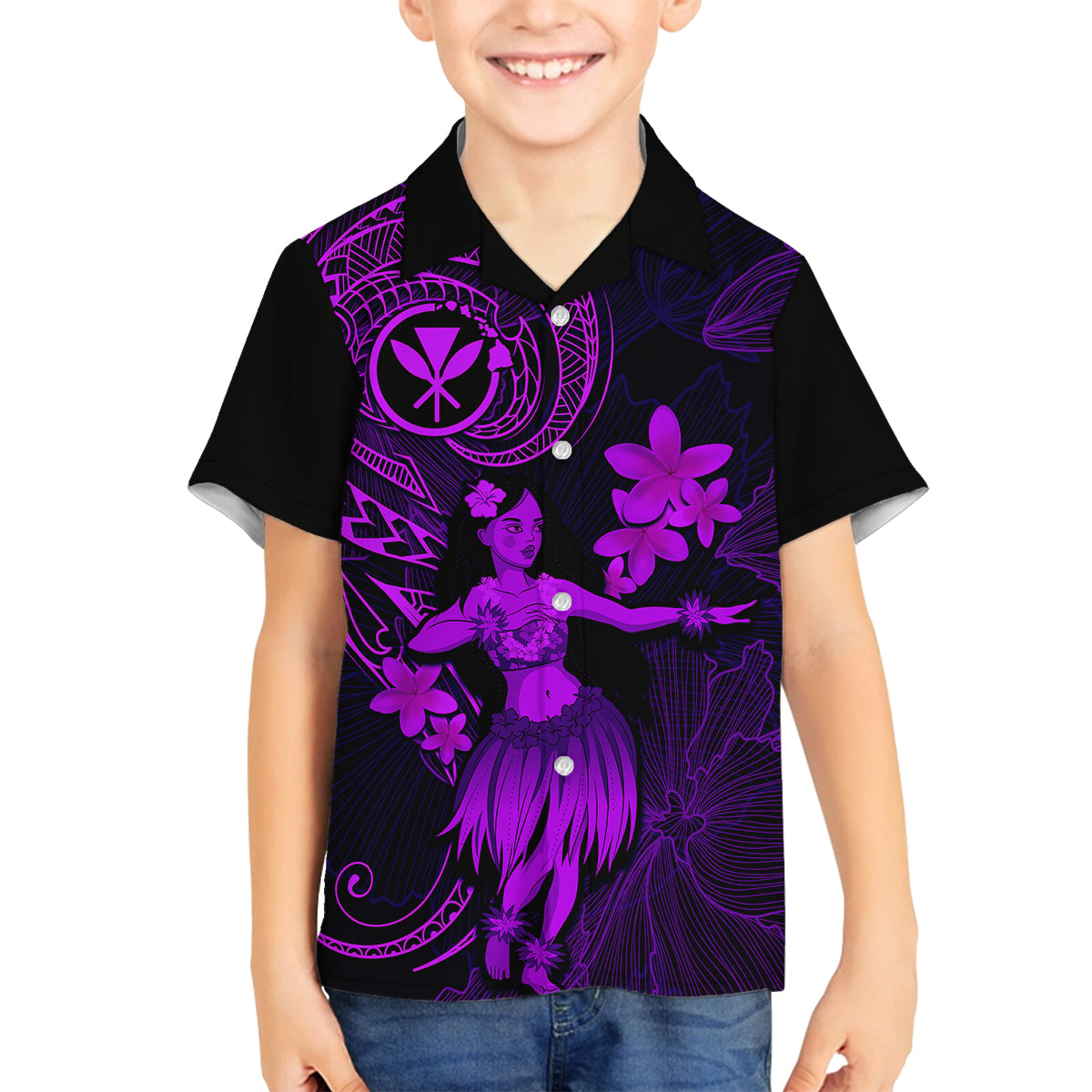 Hawaii Kid Hawaiian Shirt Hula Girl Mix Polynesian Plumeria Purple Version LT14 - Polynesian Pride