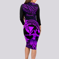 Hawaii Long Sleeve Bodycon Dress Hula Girl Mix Polynesian Plumeria Purple Version LT14 - Polynesian Pride