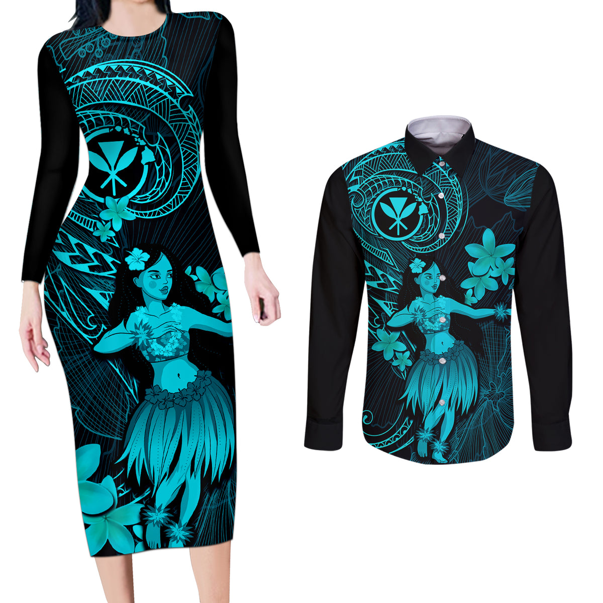 Hawaii Couples Matching Long Sleeve Bodycon Dress and Long Sleeve Button Shirts Hula Girl Mix Polynesian Plumeria Turquoise Version LT14 Turquoise - Polynesian Pride