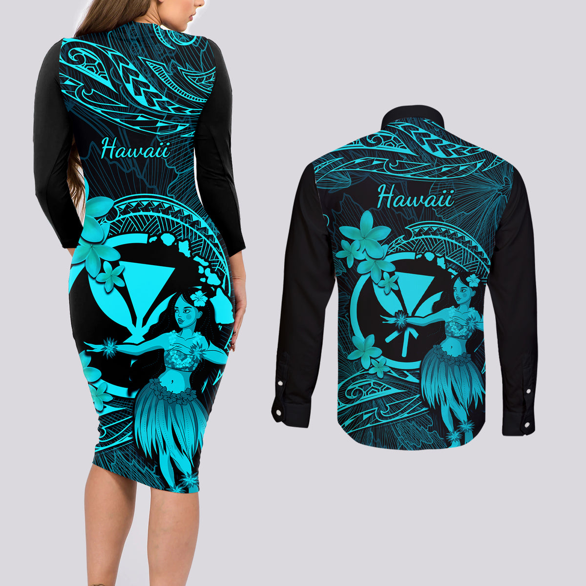 Hawaii Couples Matching Long Sleeve Bodycon Dress and Long Sleeve Button Shirts Hula Girl Mix Polynesian Plumeria Turquoise Version LT14 - Polynesian Pride