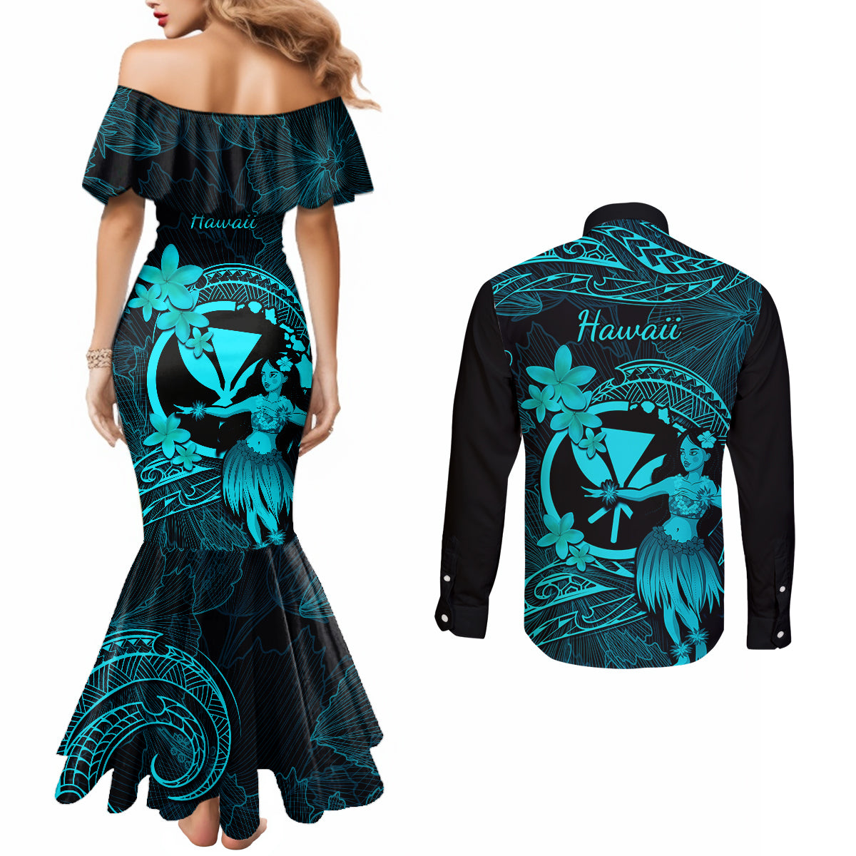 Hawaii Couples Matching Mermaid Dress and Long Sleeve Button Shirts Hula Girl Mix Polynesian Plumeria Turquoise Version LT14 - Polynesian Pride