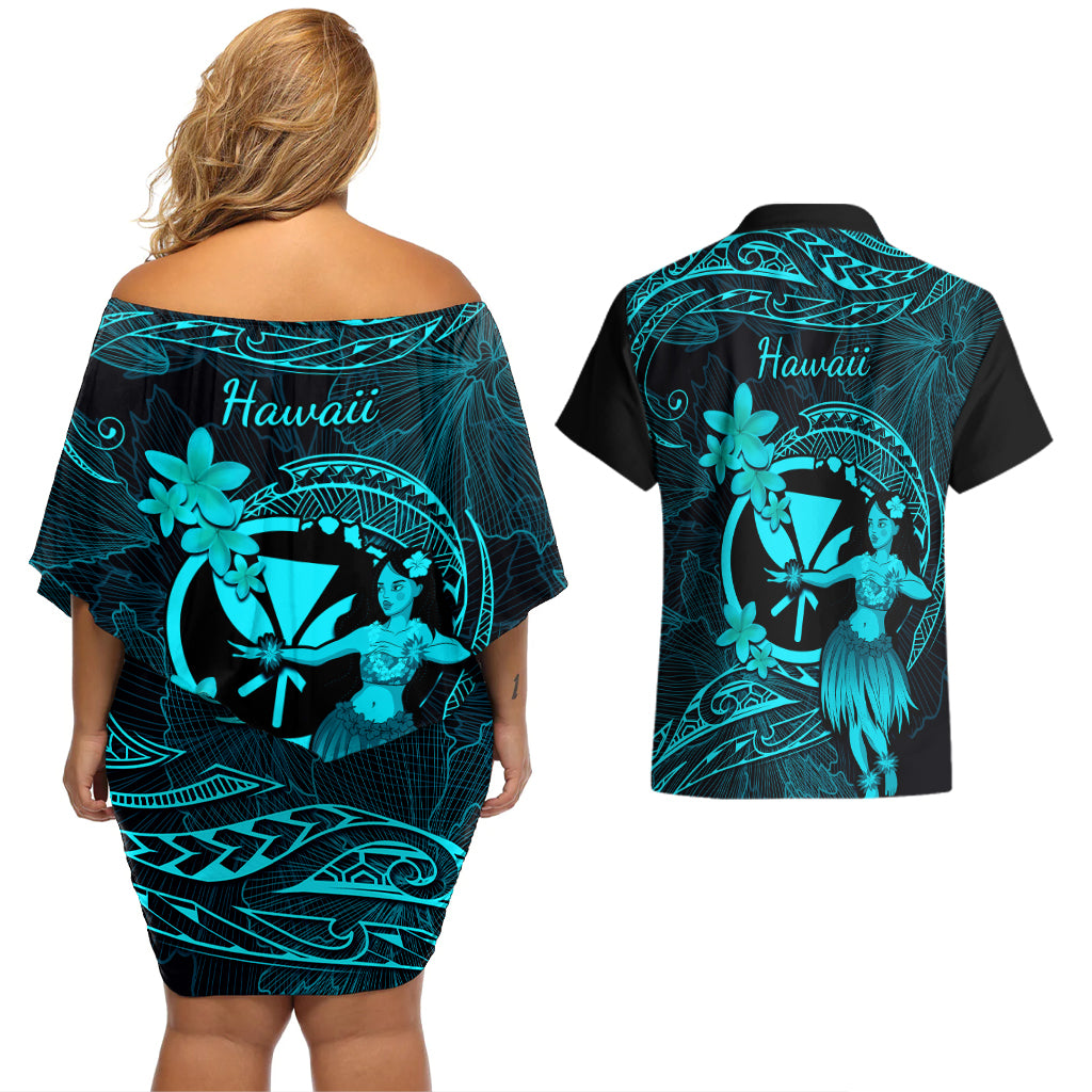 Hawaii Couples Matching Off Shoulder Short Dress and Hawaiian Shirt Hula Girl Mix Polynesian Plumeria Turquoise Version LT14 - Polynesian Pride
