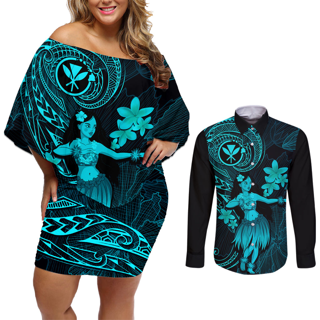 Hawaii Couples Matching Off Shoulder Short Dress and Long Sleeve Button Shirts Hula Girl Mix Polynesian Plumeria Turquoise Version LT14 Turquoise - Polynesian Pride