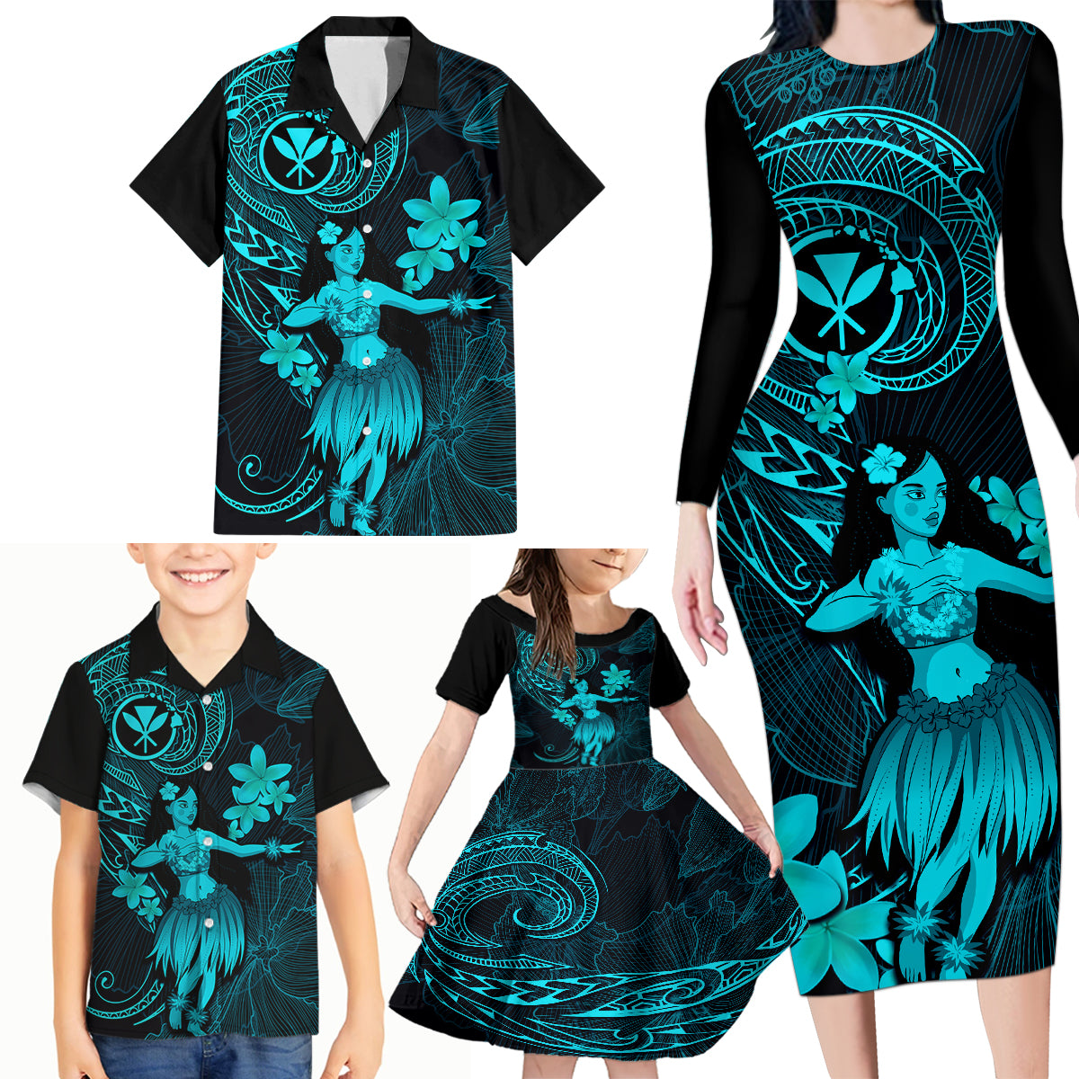 Hawaii Family Matching Long Sleeve Bodycon Dress and Hawaiian Shirt Hula Girl Mix Polynesian Plumeria Turquoise Version LT14 - Polynesian Pride