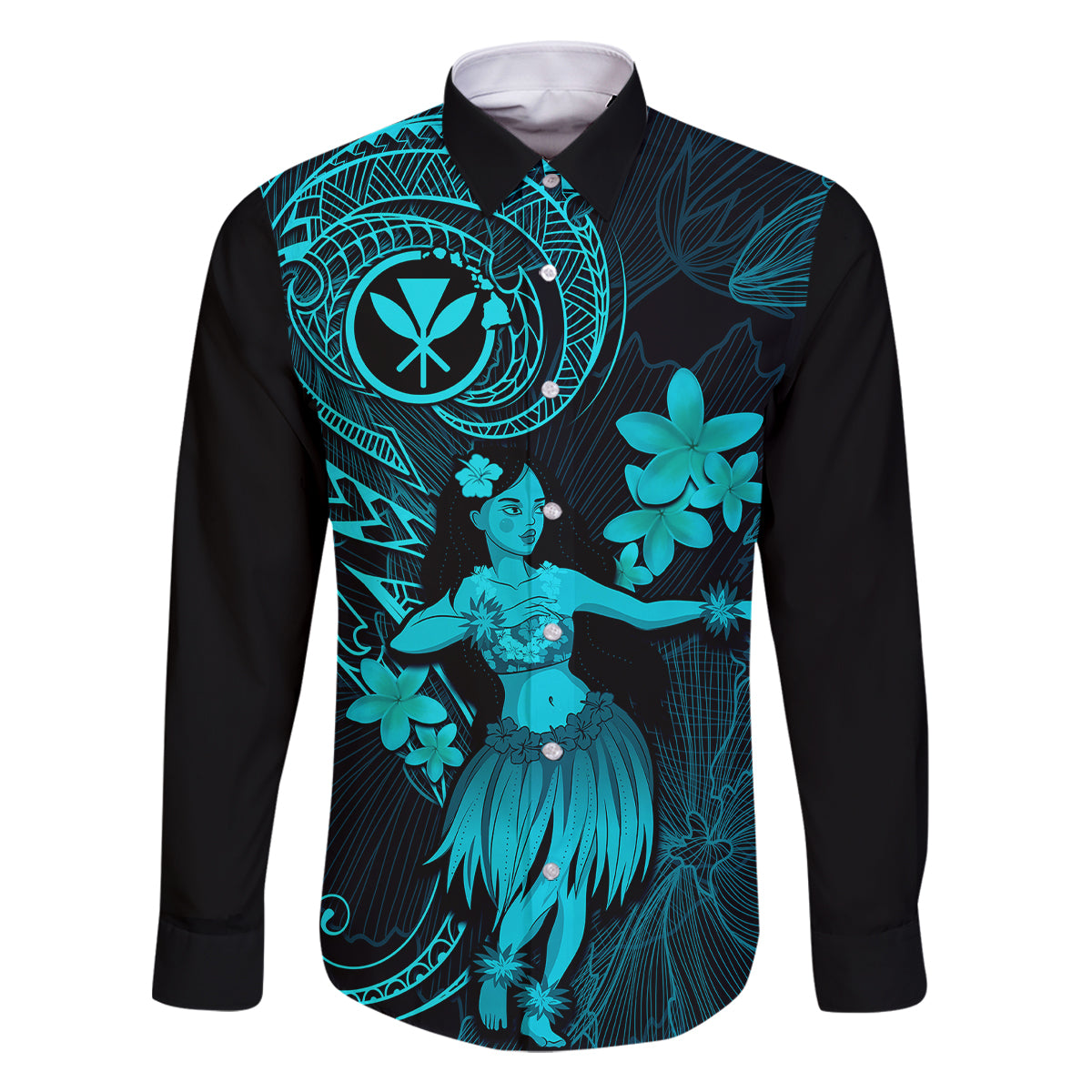 Hawaii Family Matching Long Sleeve Bodycon Dress and Hawaiian Shirt Hula Girl Mix Polynesian Plumeria Turquoise Version LT14 Dad's Shirt - Long Sleeve Turquoise - Polynesian Pride