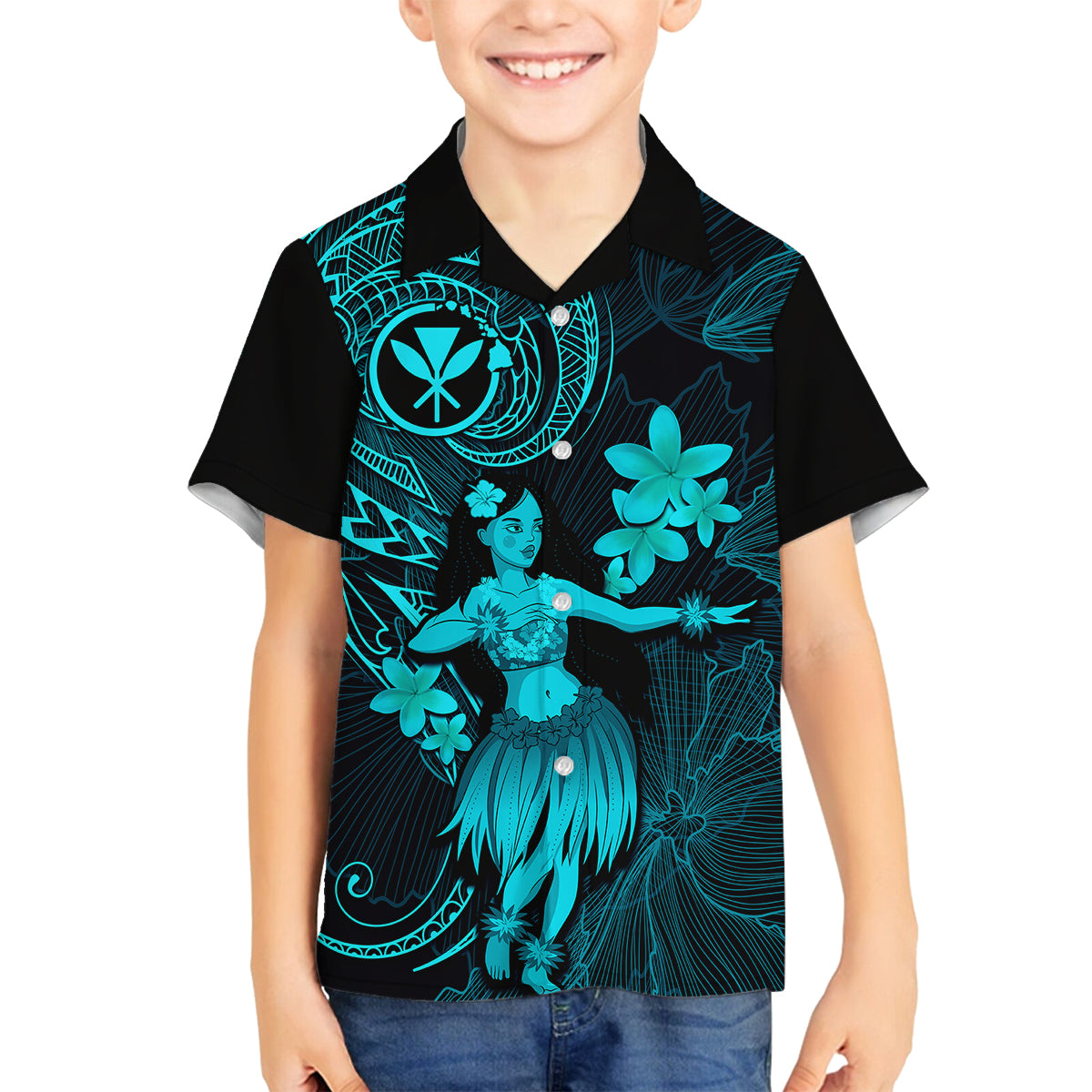 Hawaii Family Matching Tank Maxi Dress and Hawaiian Shirt Hula Girl Mix Polynesian Plumeria Turquoise Version LT14 Son's Shirt Turquoise - Polynesian Pride