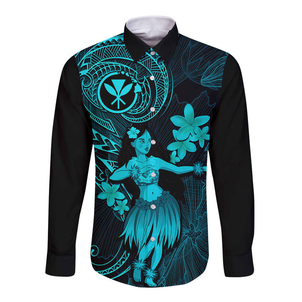Hawaii Long Sleeve Button Shirt Hula Girl Mix Polynesian Plumeria Turquoise Version LT14 Unisex Turquoise - Polynesian Pride