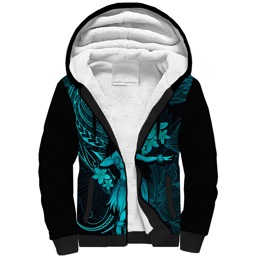 Hawaii Sherpa Hoodie Hula Girl Mix Polynesian Plumeria Turquoise Version LT14 Unisex Turquoise - Polynesian Pride