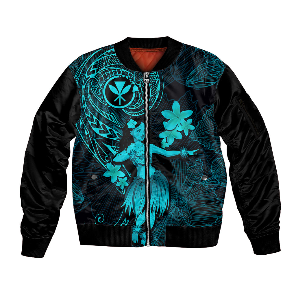 Hawaii Sleeve Zip Bomber Jacket Hula Girl Mix Polynesian Plumeria Turquoise Version LT14 Unisex Turquoise - Polynesian Pride