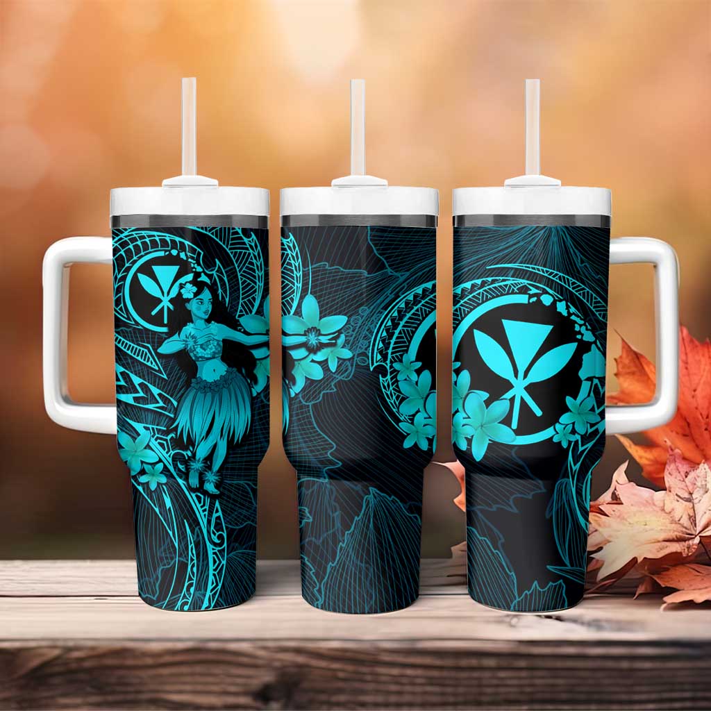 Hawaii Tumbler With Handle Hula Girl Mix Polynesian Plumeria Turquoise Version