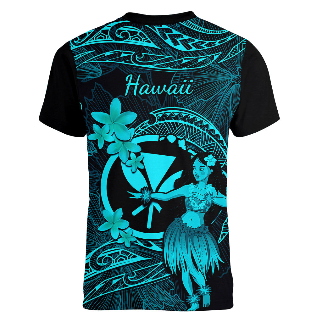 Hawaii Women V Neck T Shirt Hula Girl Mix Polynesian Plumeria Turquoise Version LT14 - Polynesian Pride
