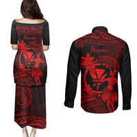 Hawaii Couples Matching Puletasi Dress and Long Sleeve Button Shirts Hula Girl Mix Polynesian Plumeria Red Version LT14 - Polynesian Pride