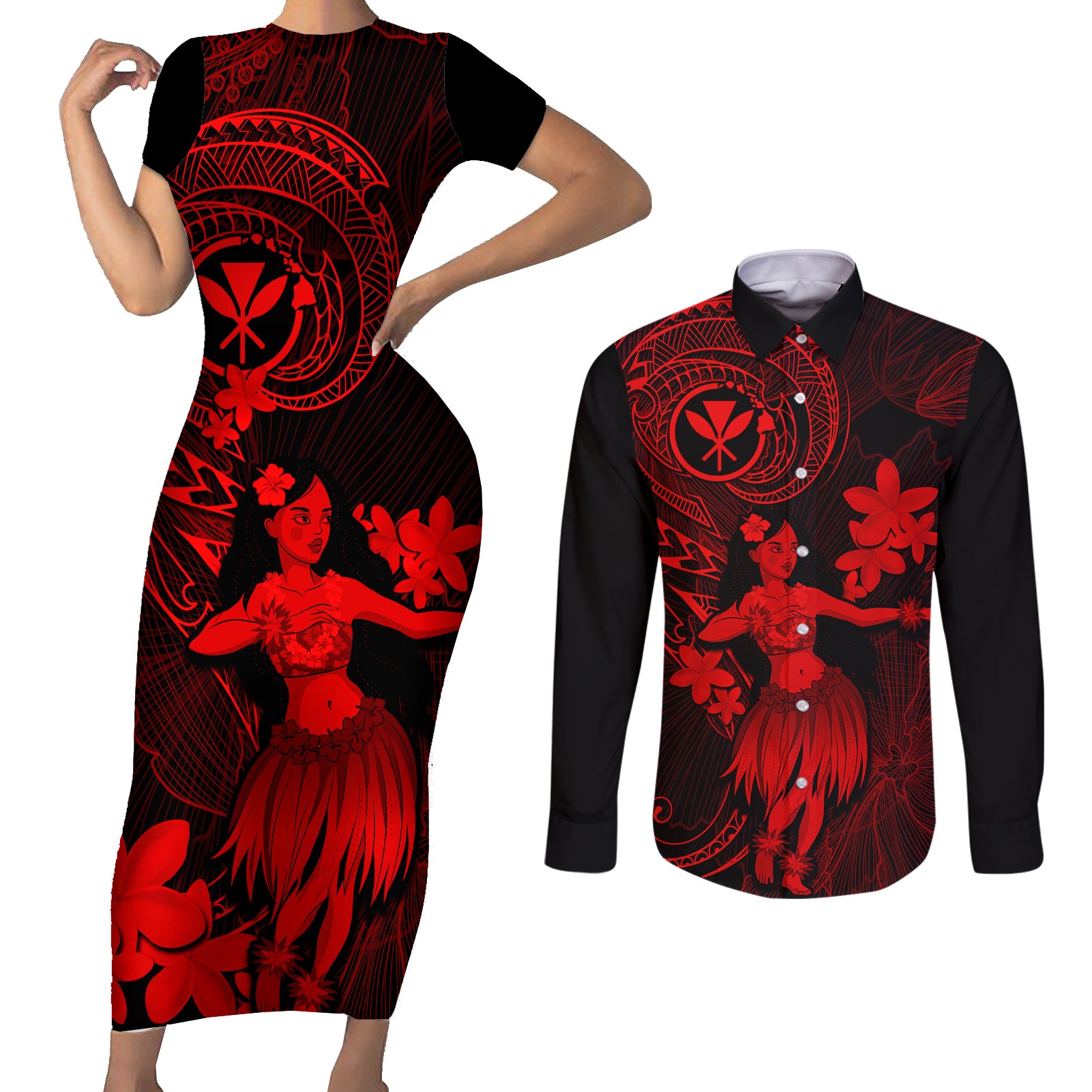 Hawaii Couples Matching Short Sleeve Bodycon Dress and Long Sleeve Button Shirts Hula Girl Mix Polynesian Plumeria Red Version LT14 Red - Polynesian Pride