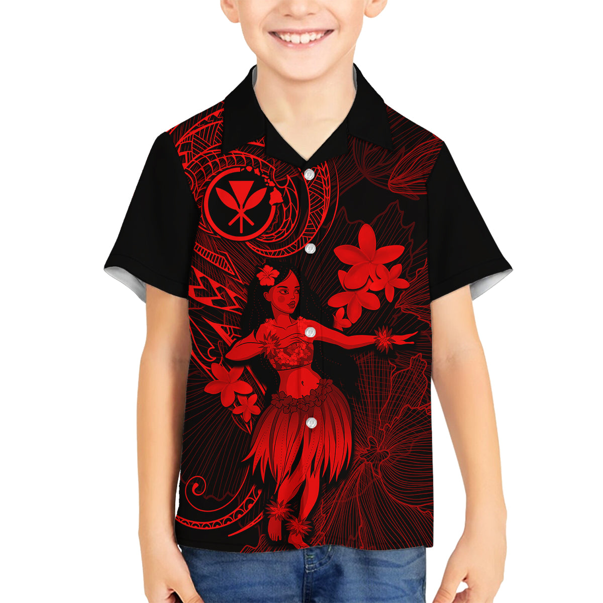Hawaii Kid Hawaiian Shirt Hula Girl Mix Polynesian Plumeria Red Version LT14 - Polynesian Pride