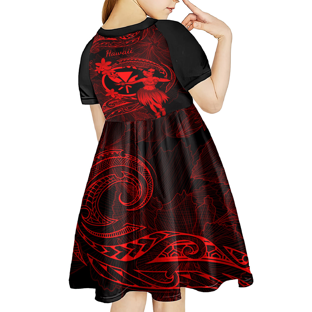 Hawaii Kid Short Sleeve Dress Hula Girl Mix Polynesian Plumeria Red Version LT14 - Polynesian Pride