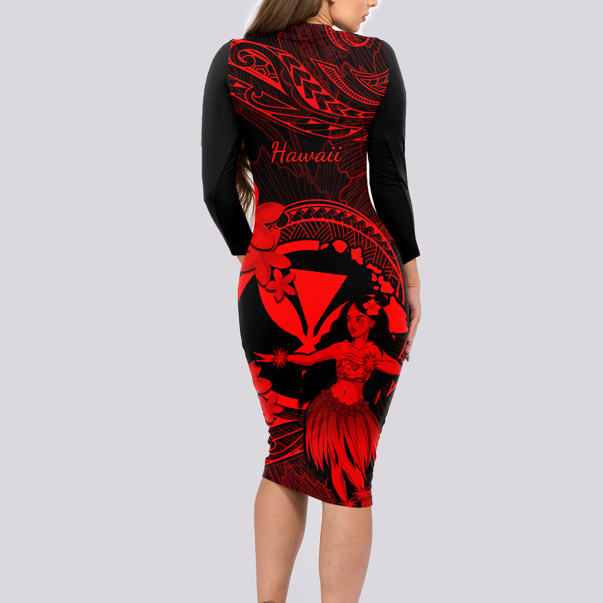 Hawaii Long Sleeve Bodycon Dress Hula Girl Mix Polynesian Plumeria Red Version LT14 - Polynesian Pride