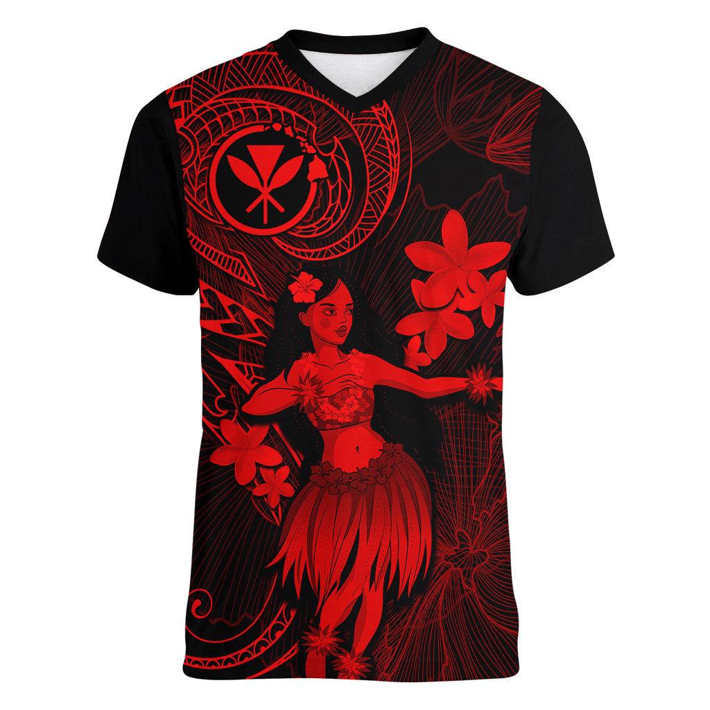Hawaii Women V Neck T Shirt Hula Girl Mix Polynesian Plumeria Red Version LT14 Female Red - Polynesian Pride